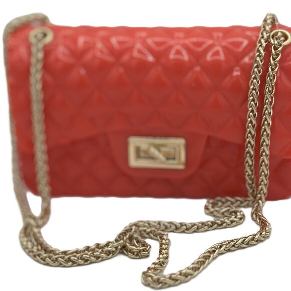 Le Miel Orange Quilted Jelly Crossbody Shoulder Bag with Gold Chain - Picture 1 of 4